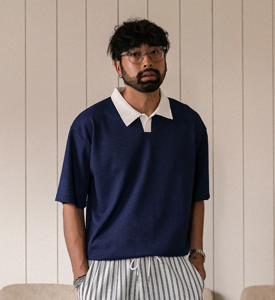 (L-4XL)<br>로센 ワッフル 半袖襟Tシャツ