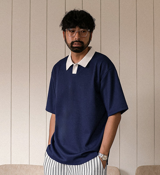 (L-4XL)<br>로센 ワッフル 半袖襟Tシャツ