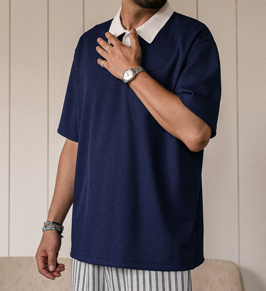 (L-4XL)<br>로센 ワッフル 半袖襟Tシャツ