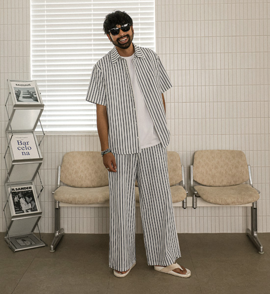 나르피오 ストライプ ワイドフィット リネンバンディングパンツ