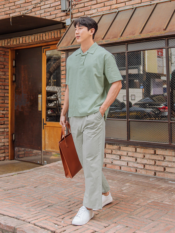 (2XL-5XL)<BR>파인만 リネンオープンカラー 半袖シャツ