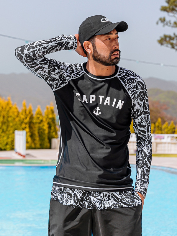 (M-6XL)<BR>슬라이드 캡틴레쉬가드+설마설마~ 캡틴스윔팬츠