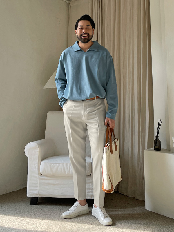 (L~5XL)<BR>모아라사 オープンカラー 長袖Tシャツ