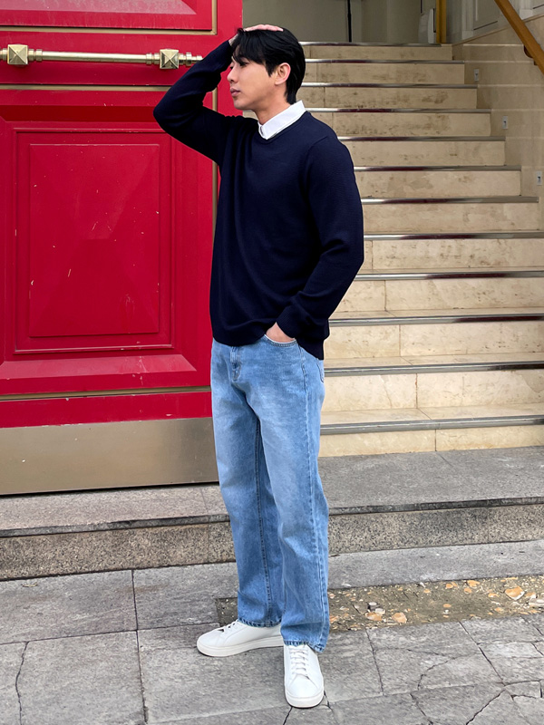 (L-5XL)<br>데이브 シャツレイヤード ワッフルニット<BR><B><FONT COLOR="#ff4800">[追加割引]</FONT></B>