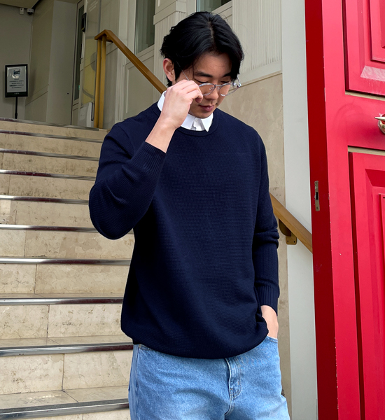 (L-5XL)<br>데이브 シャツレイヤード ワッフルニット<BR><B><FONT COLOR="#ff4800">[追加割引]</FONT></B>
