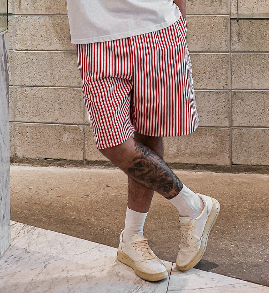 (L-5XL)<BR>타티 ストライプ バンディング半ズボン