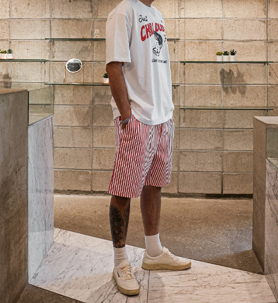 (L-5XL)<BR>타티 ストライプ バンディング半ズボン