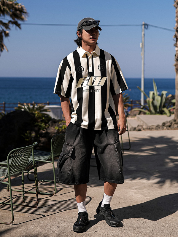 (L-5XL)<br>피번 ストライプ 半袖襟Tシャツ 601