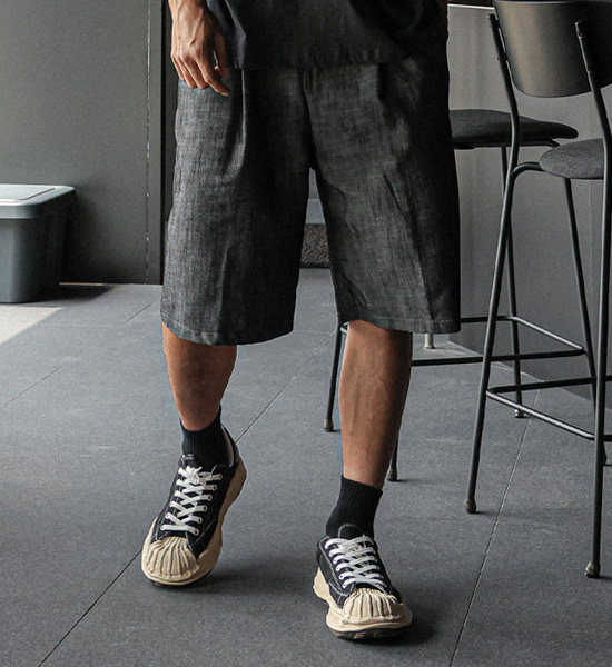 (L-5XL)<BR>란츠보 7부 リネンノンウォッシュジーンズ 뒷밴딩팬츠