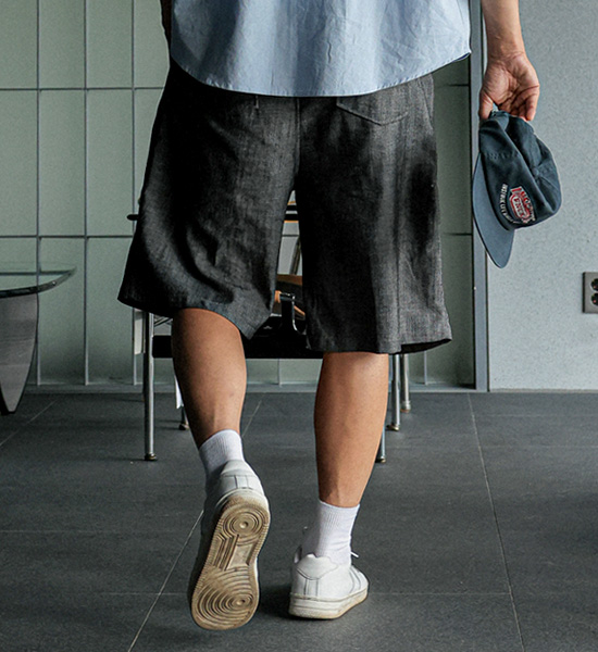 (L-5XL)<BR>란츠보 7부 リネンノンウォッシュジーンズ 뒷밴딩팬츠