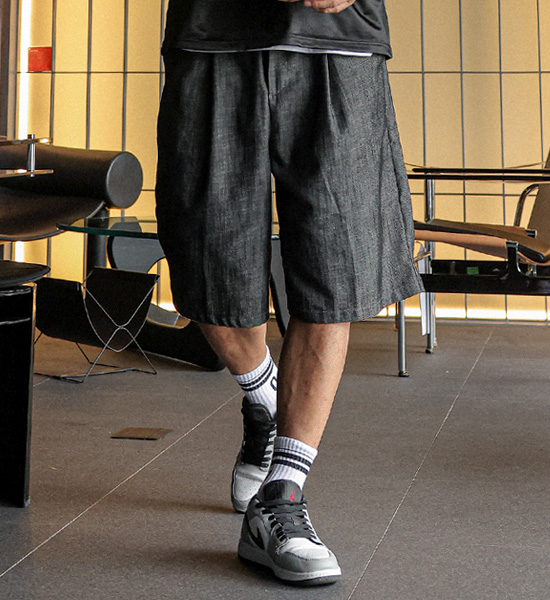 (L-5XL)<BR>란츠보 7부 リネンノンウォッシュジーンズ 뒷밴딩팬츠