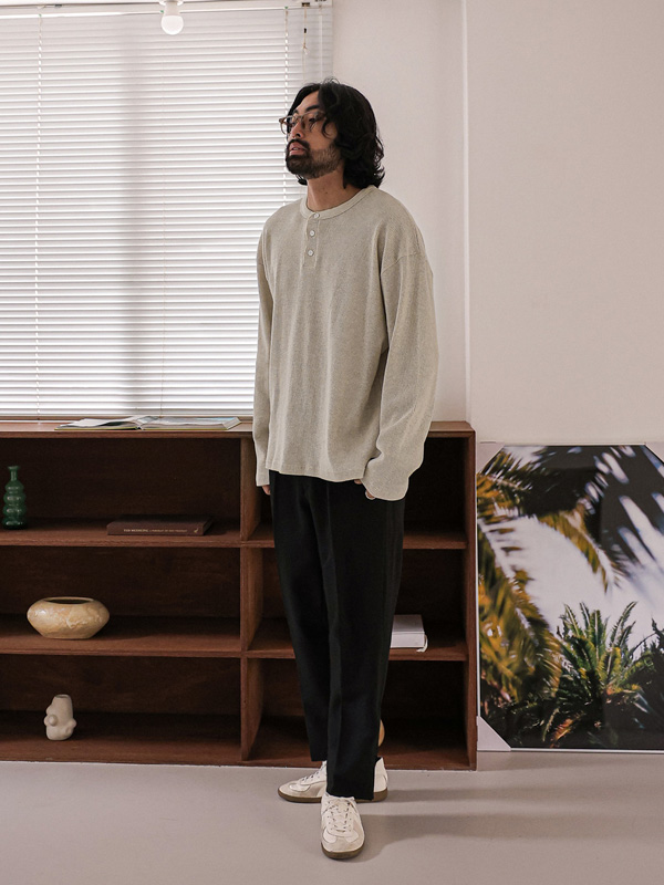 (XL-4XL)<BR>보올리 ヘンリーネック 長袖Tシャツ