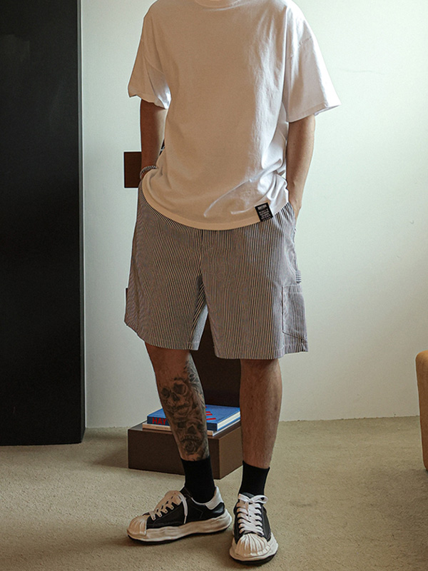 (L-5XL)<BR>람퓨 ストライプ バンディング半ズボン