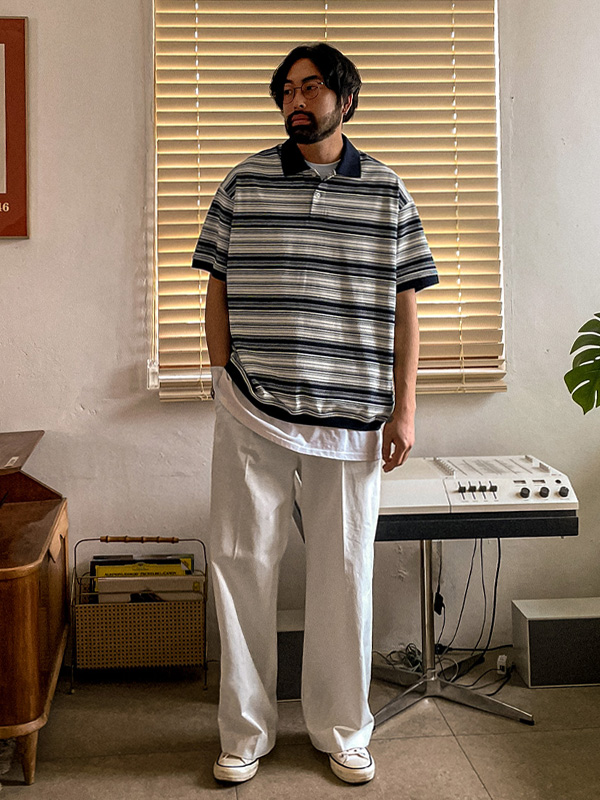 (XL-6XL)<BR>알모라 ストライプ 半袖襟Tシャツ Q88955