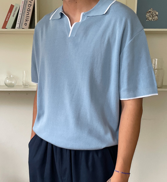 (L-5XL)<br>라타리 オープンカラー 半袖のニット<br><font color="#fb5ec9"><B>[1+1]</B></font>