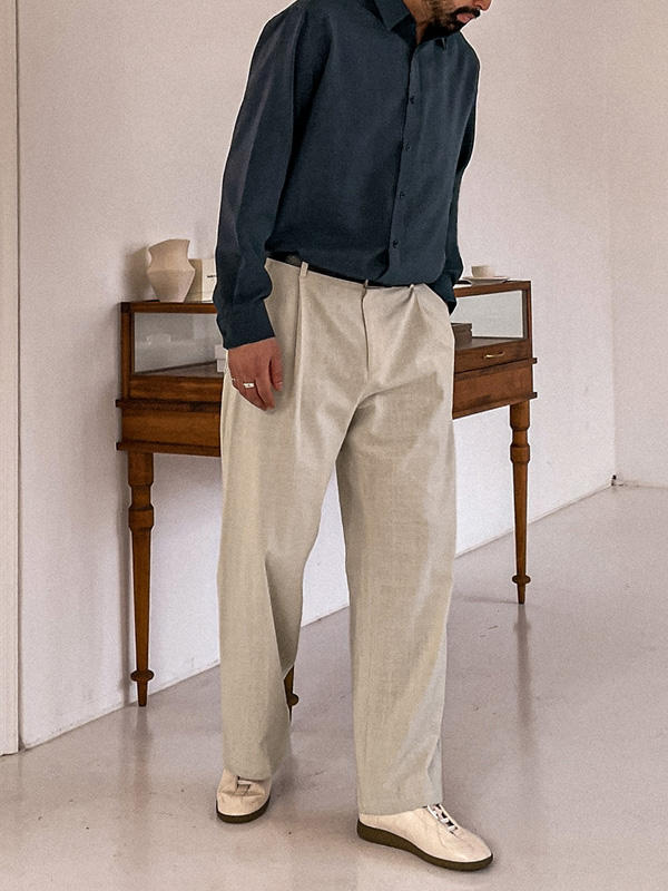 (L-5XL)<BR>스코퍼스 セミワイドフィット バックバンディング 린넨팬츠