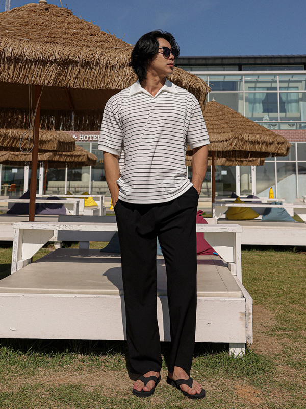 (L-5XL)<BR>아디드 縞模様 半袖襟Tシャツ T12