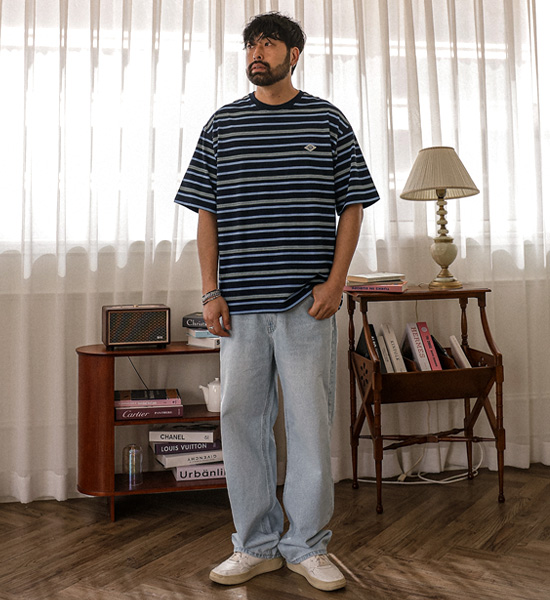 (L-5XL)<BR>바츠카시 縞模様 半そでティー