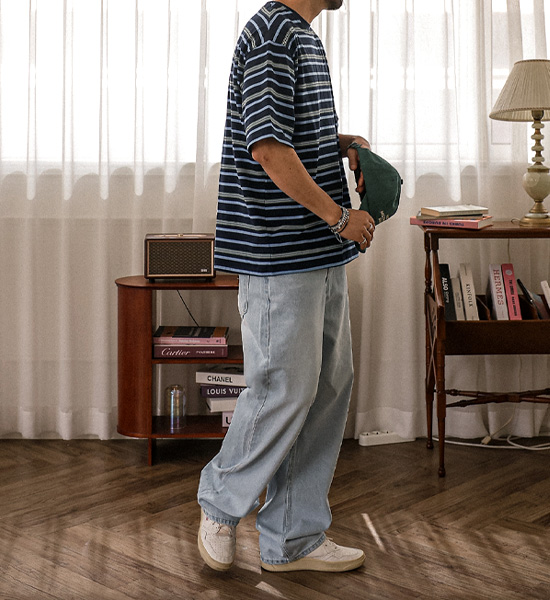 (L-5XL)<BR>바츠카시 縞模様 半そでティー