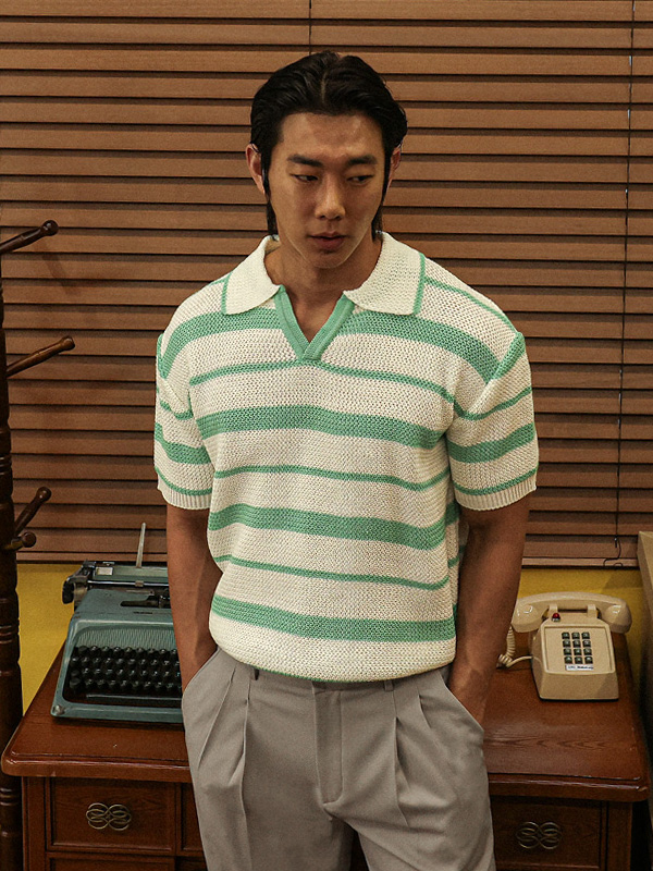 (XL-5XL)<BR>타우키 縞模様 半袖襟ニット