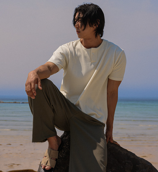 (L-5XL)<br>벨론 ヘンリーネック 半そでティー<br><font color="#fb5ec9"><B>[1+1]</B></font>