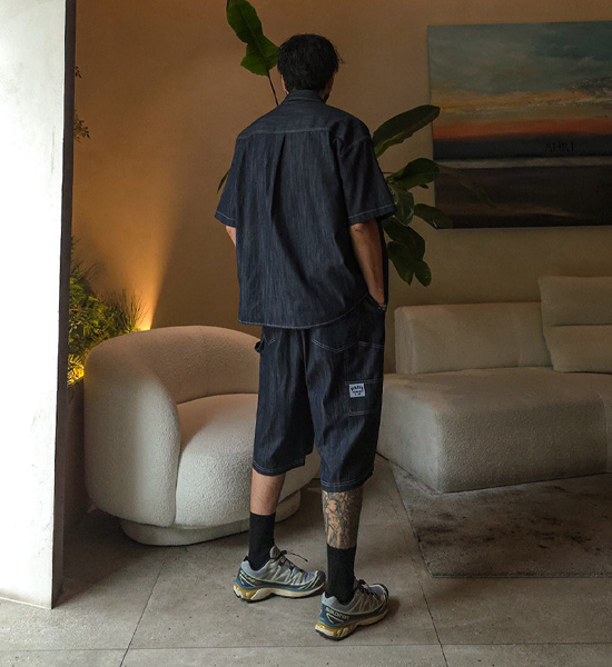 (XL-6XL)<br>스호턴 ノンウォッシュジーンズ 半袖シャツ+스프리몽 ノンウォッシュジーンズ バミューダ バンディング半ズボン