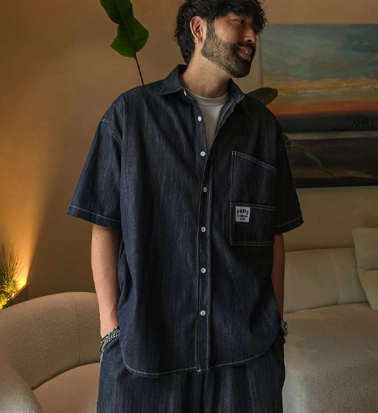 (XL-6XL)<br>스호턴 ノンウォッシュジーンズ 半袖シャツ+스프리몽 ノンウォッシュジーンズ バミューダ バンディング半ズボン