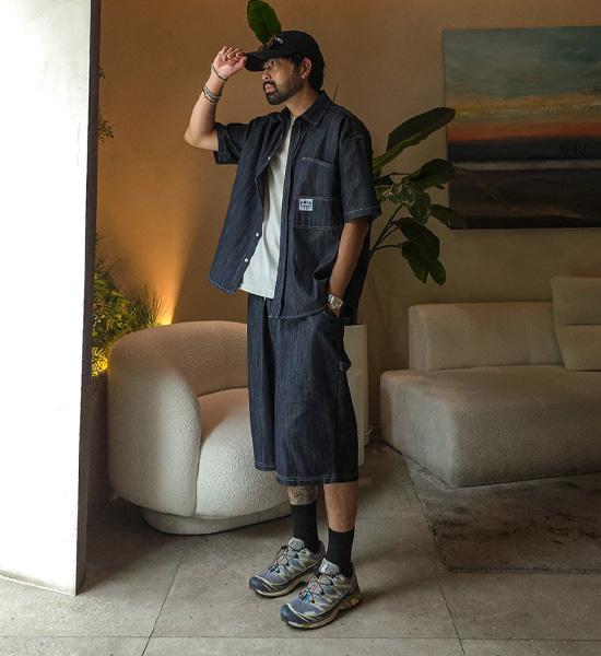 (XL-6XL)<br>스호턴 ノンウォッシュジーンズ 半袖シャツ+스프리몽 ノンウォッシュジーンズ バミューダ バンディング半ズボン