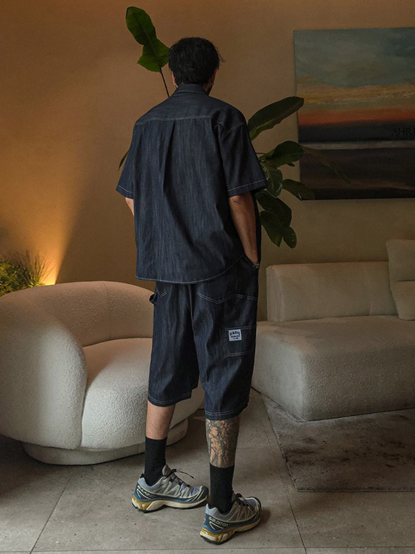 (XL-6XL)<br>스호턴 ノンウォッシュジーンズ 半袖シャツ+스프리몽 ノンウォッシュジーンズ バミューダ バンディング半ズボン