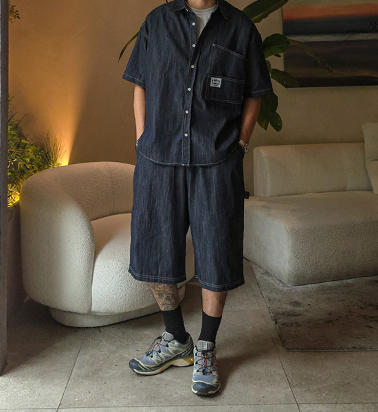 (XL-6XL)<br>스호턴 ノンウォッシュジーンズ 半袖シャツ+스프리몽 ノンウォッシュジーンズ バミューダ バンディング半ズボン