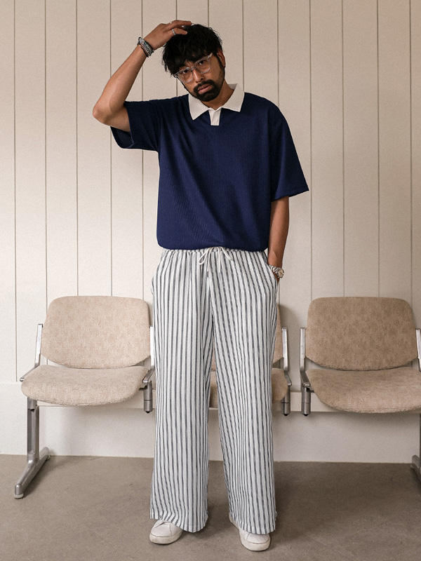 (L-4XL)<br>로센 ワッフル 半袖襟Tシャツ