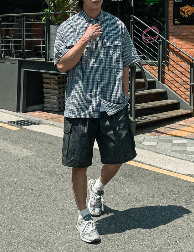 (L-5XL)<br>쿤드리 チェック半袖シャツ 1105