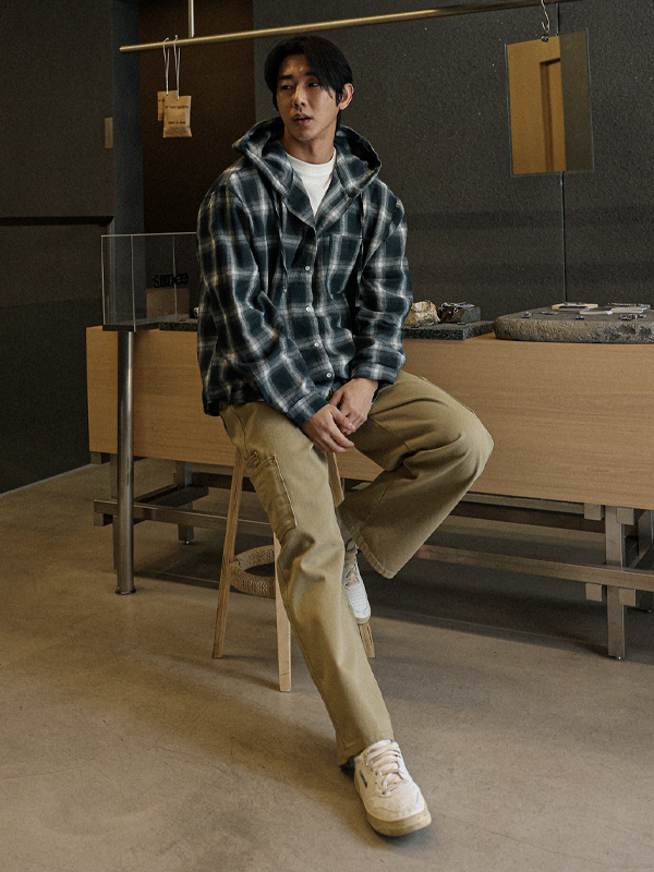 (M-4XL)<br>오코니트 チェック柄のフードシャツ