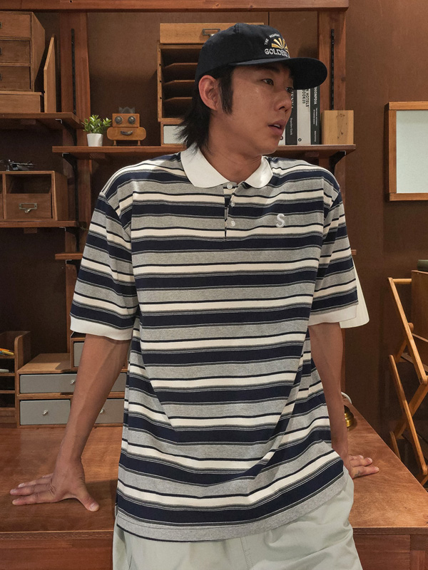 (L-5XL)<BR>바트할 縞模様 半袖襟Tシャツ