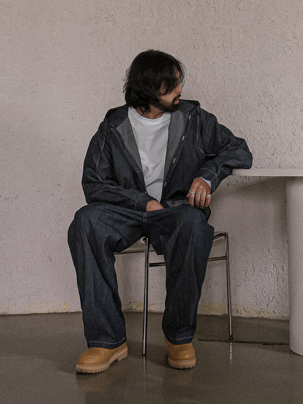 (L-5XL)<BR>뷰니시 ノンウォッシュジーンズ フードシャツ+마로이 セミワイドフィット ノンウォッシュジーンズ バンディングパンツ