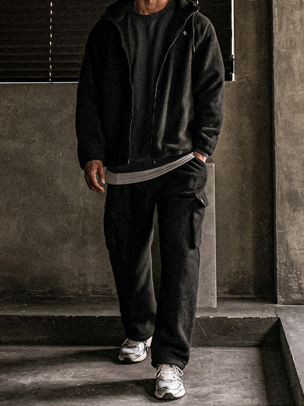 (XL-6XL)<br>비컨스 フリース フードジップアップ+란트파 フリース セミワイドフィット カーゴバンディングパンツ