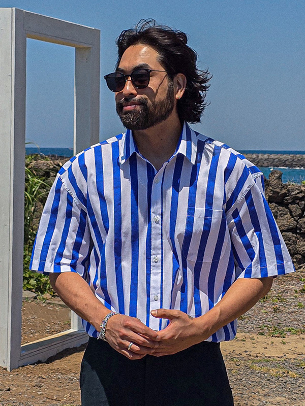 (L-5XL)<BR>타마두 ストライプ 半袖シャツ