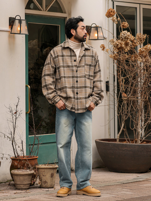 (L-5XL)<BR>킬코일 ウール チェック柄のシャツ(겉감기모)