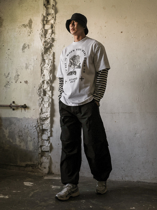 (L-5XL)<BR>샤토루 縞模様 レイヤード 長袖Tシャツ T018