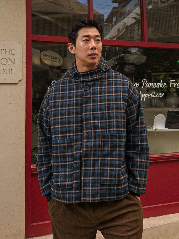 아요루 울체크 후드하프코트