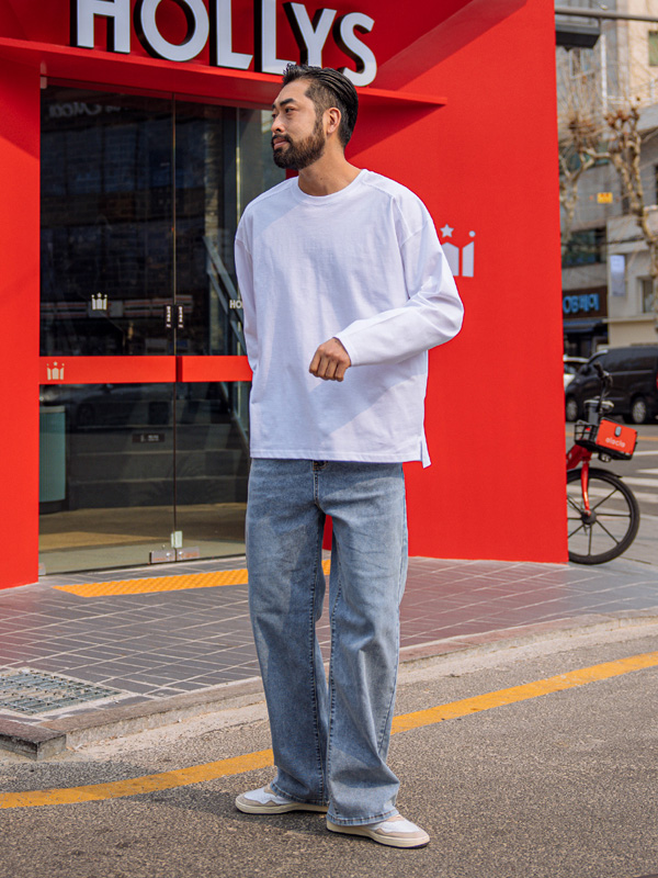 (L-5XL)<br>타기니 プリミアム·コットン 切開長袖Tシャツ