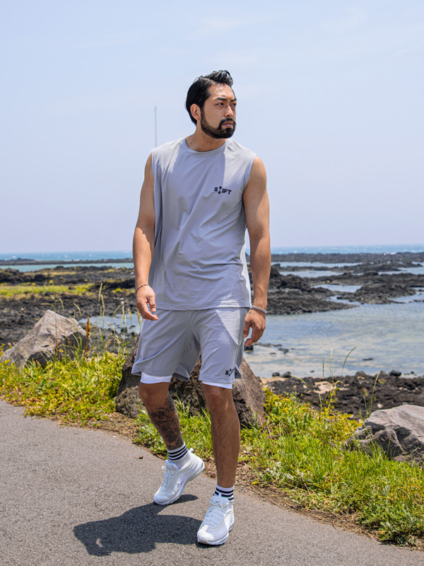 (M-6XL)<BR>크루엘라 メッシュ 袖なし+에어워킹 メッシュ バンディング半ズボン<br><font color="#072c81"><B>[ W.DNA ]</B></font>