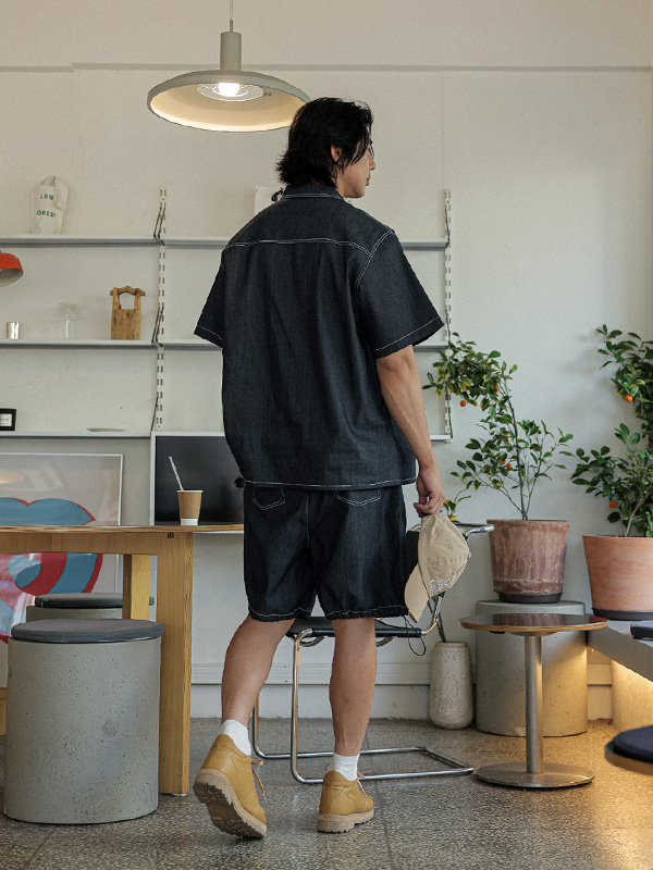 (XL-6XL)<BR>카이토 リネンノンウォッシュジーンズ 半袖シャツ+라리야 リネンノンウォッシュジーンズ バンディング半ズボン