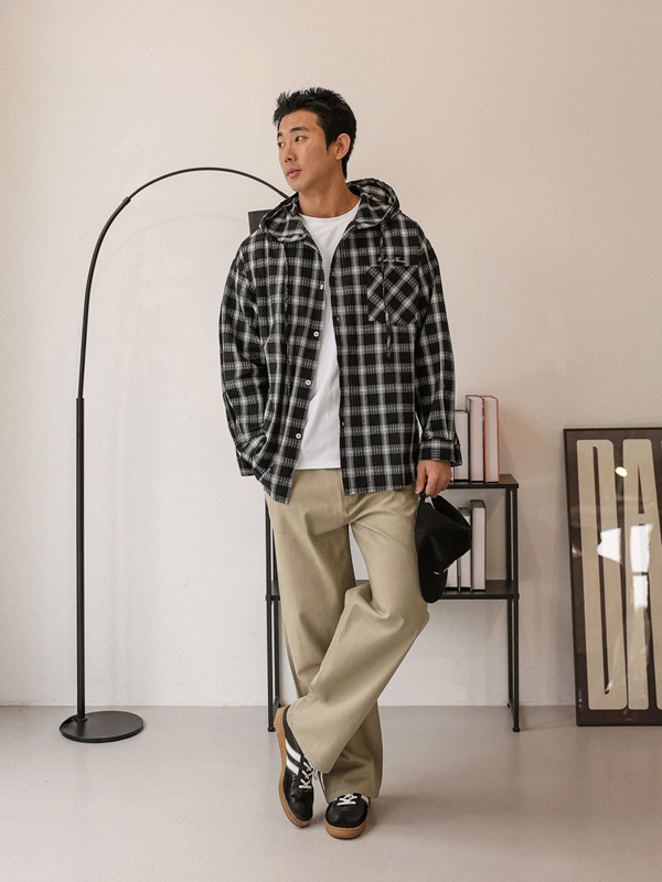 (L-7XL)<br>스탠리 チェック フードシャツ 6013