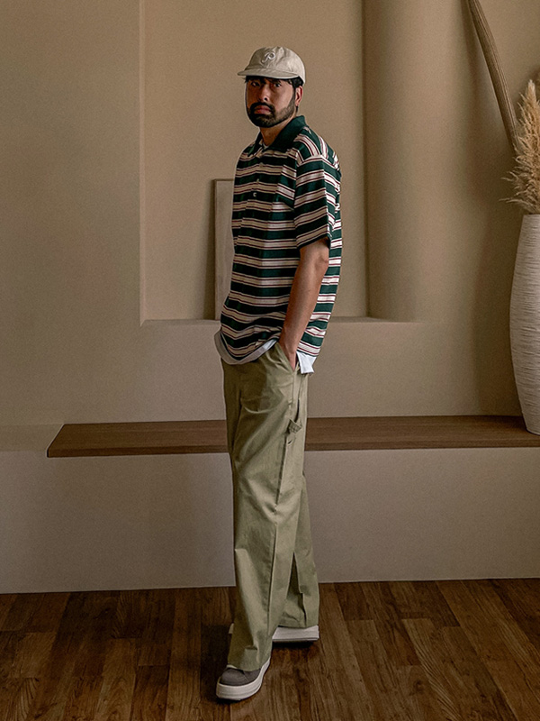 (L-5XL)<BR>퍼디타 縞模様 半袖襟Tシャツ