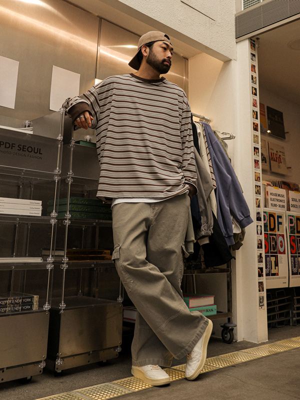 (XL-4XL)<br>딘하타 縞模様 長袖Tシャツ