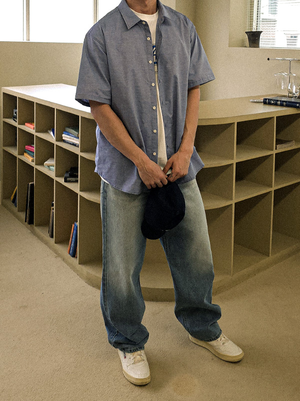 (L-5XL)<br>크리얼 縞模様 半袖シャツ 654