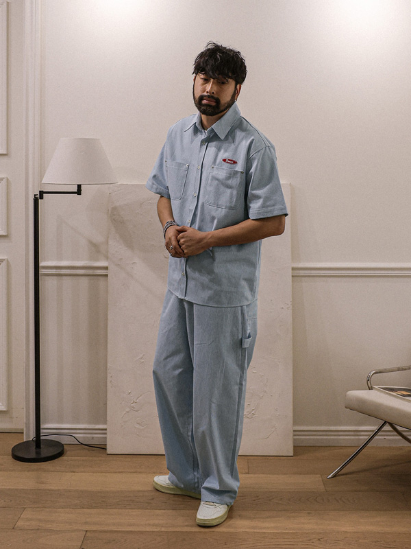 코로겐 ストライプ デニム半袖シャツ+비첸 セミワイドフィット バックバンディング デニムパンツ