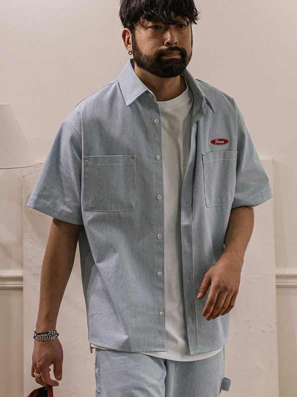 (M-5XL)<BR>코로겐 ストライプ デニム半袖シャツ