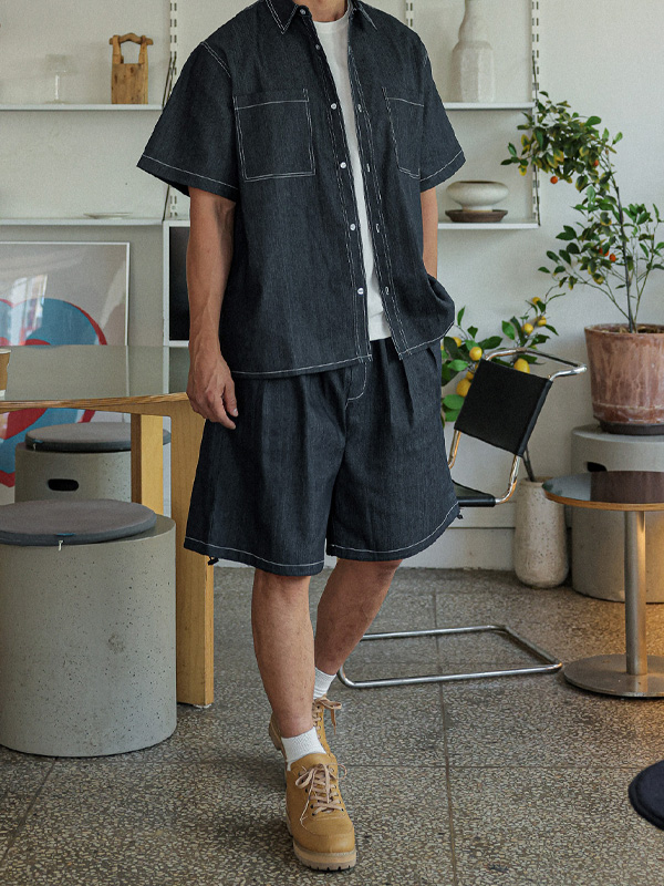 (XL-6XL)<BR>라리야 リネンノンウォッシュジーンズ バンディング半ズボン